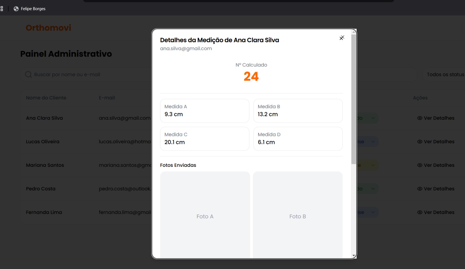 Orthomove: painel de medidas do pedido